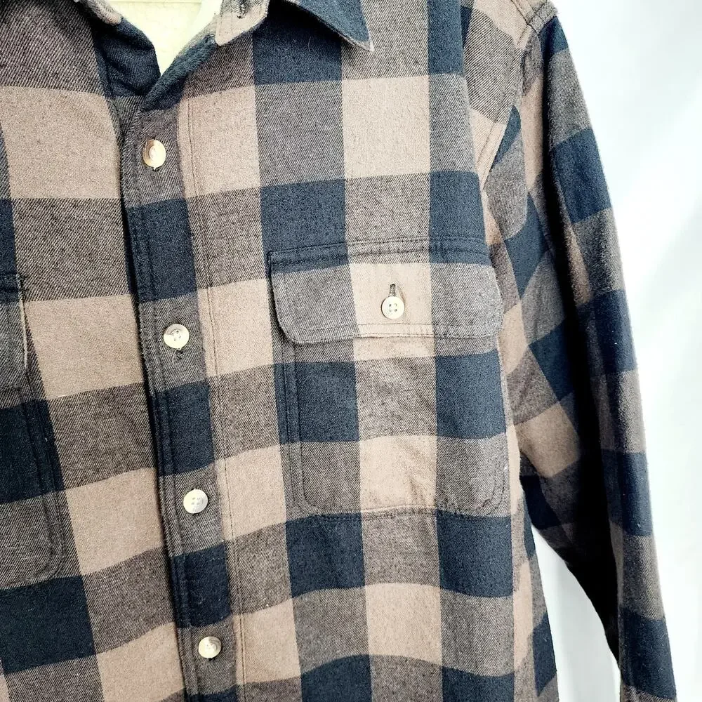 Men's Plaid Flannel Shirt Jacket Large Brown Buffalo Check Button Up Shacket
